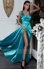 V-neck Neckline Sweep Train A-line Prom Dresses