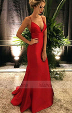 V-neck Long Satin Prom Dresses Mermaid Prom Dresses Women's Formal Evening Gowns