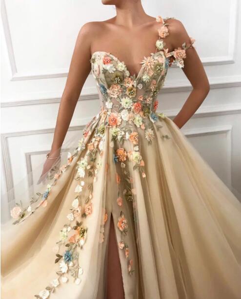 A Line One Shoulder Floor Length Sweetheart Tulle Applique Prom Dresses,Evening Dresses,BD2977