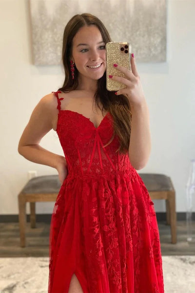 Elegant Red Appliqued Prom Dresses with Sheer Lace Bodice,BD930693