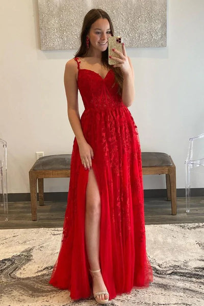 Elegant Red Appliqued Prom Dresses with Sheer Lace Bodice,BD930693
