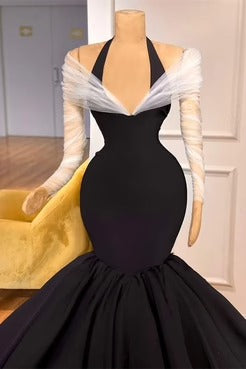 Long Sleeves Chic Black Halter Mermaid Evening Dresses,BD930712