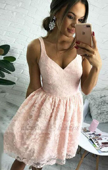 Lace Homecoming Dresses, A-Line V-Neck Short Pearl Pink Lace Homecoming Dress