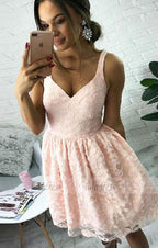 Lace Homecoming Dresses, A-Line V-Neck Short Pearl Pink Lace Homecoming Dress