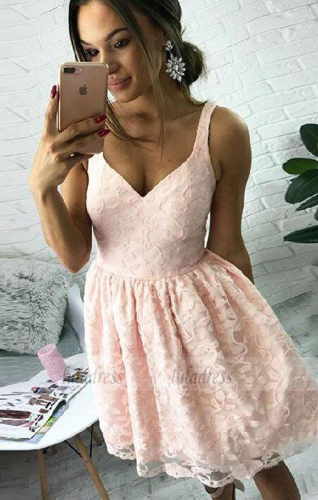 Lace Homecoming Dresses, A-Line V-Neck Short Pearl Pink Lace Homecoming Dress