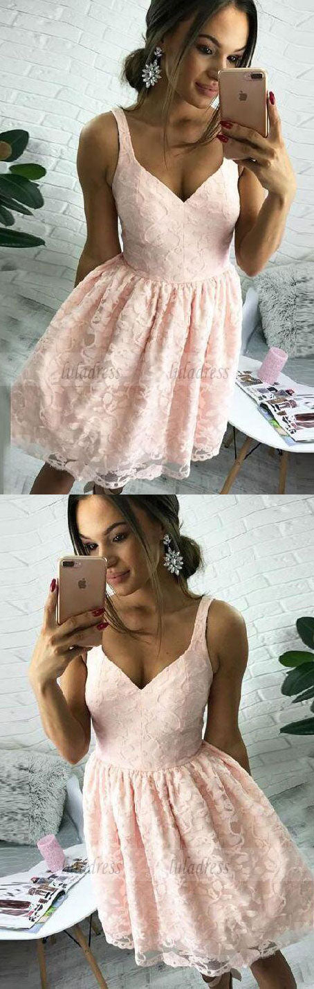 Lace Homecoming Dresses, A-Line V-Neck Short Pearl Pink Lace Homecoming Dress