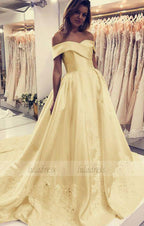 Lace Embroidery Satin Wedding Dresses Ball Gown Off The Shoulder Prom Dress