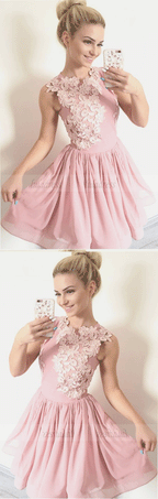 A-Line Crew Above-Knee Blush Organza Homecoming Dress with Appliques