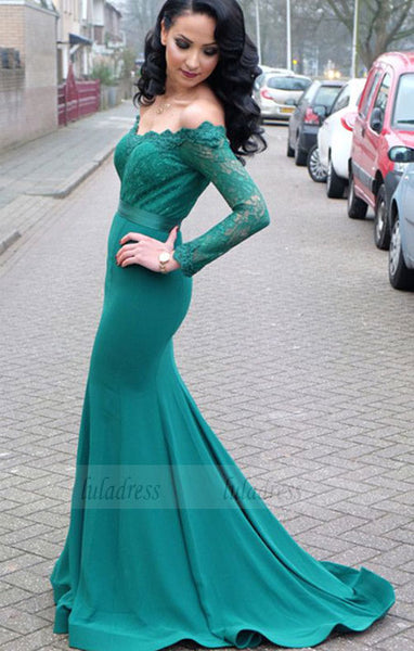 Lace Long Sleeves Mermaid Prom Dresses Off The Shoulder Evening Gowns,BD99623
