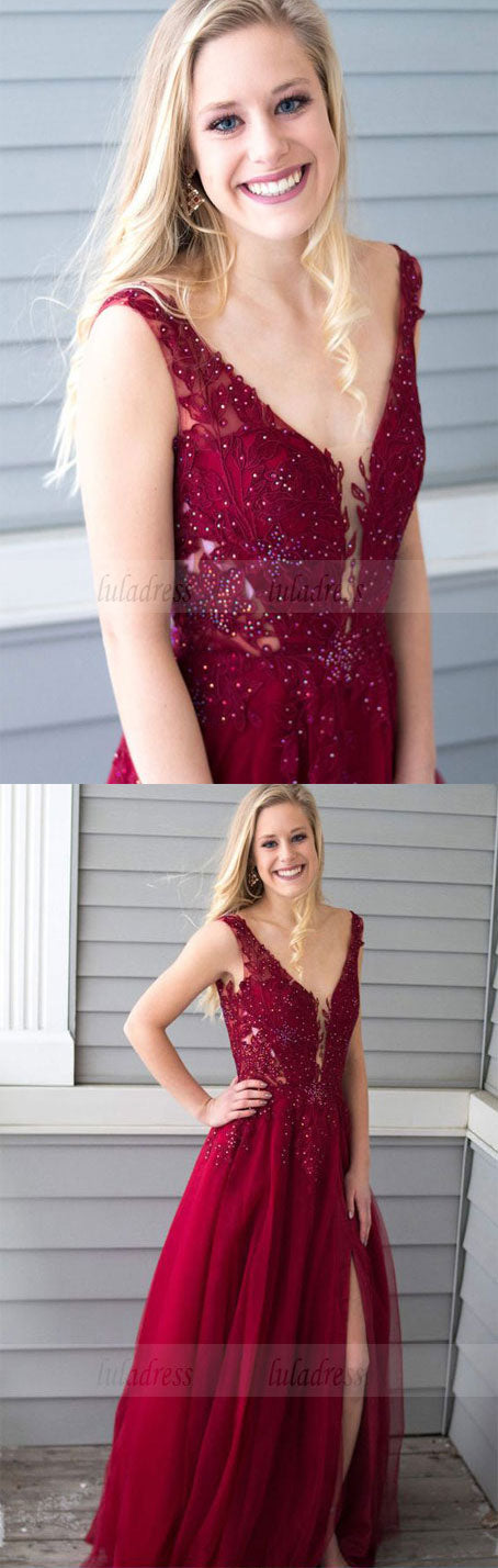 V-Neck Floor-Length Prom Dress with Appliques Beading