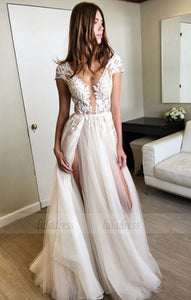 Long A-line Prom Dresses,Two High Slit Prom Dresses,Cap Sleeves Teens Party Dresses,BD99894