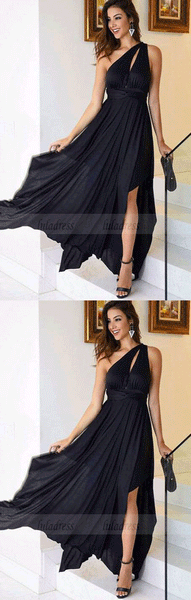 Simple one shoulder chiffon long prom dress, black evening dress,BD99883