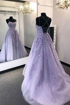 Elegant Sleeveless Light Purple Long Prom Dresses With Lace Appliques