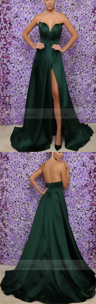 Emerald Green Long Satin V-neck Leg Split Prom Evening Dresses,BD98066