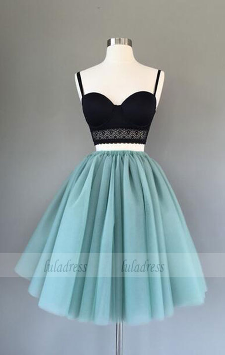 Cute two pieces black top short homecoming dress, tulle prom dresses