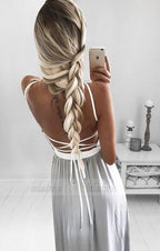 A-Line Spaghetti Straps Backless Long  Prom Dress with Split, simple beach party dresses with slit