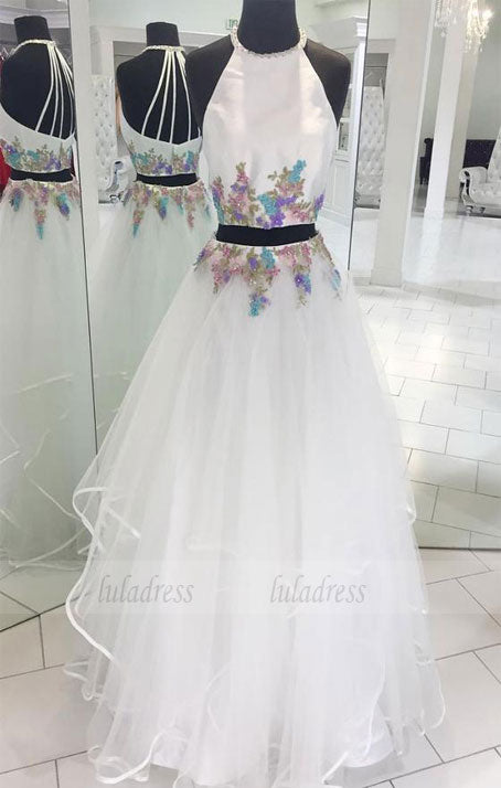 Two Pieces White Tulle Long Prom Dress