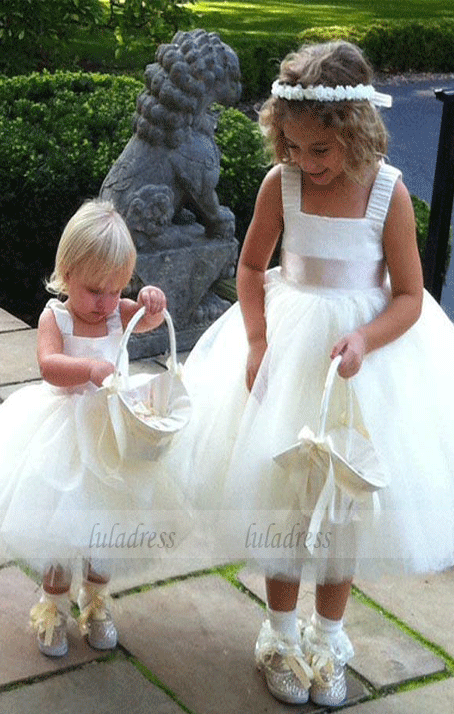 Tea Length Flower Girl Dresses Children Birthday Dress Tulle Spaghetti Strap Kids Wedding Party Dresses