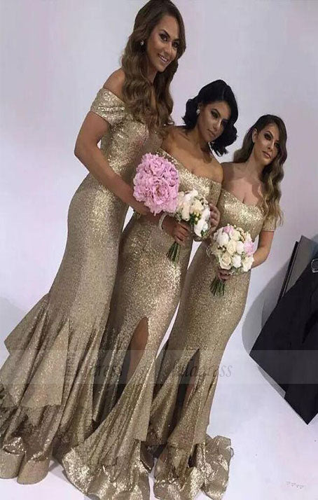 Sequin Off The Shoulder Prom Gown,Mermaid Prom Dress,Side Slit Formal Gown Layered Skirt,BD98300