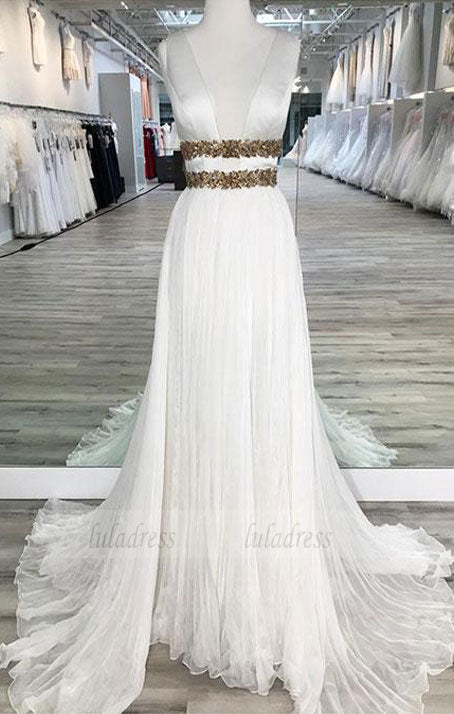 White V Neck Chiffon  Long  Prom Dress,  Evening Dresses