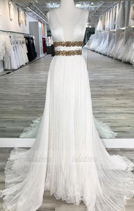 White V Neck Chiffon  Long  Prom Dress,  Evening Dresses,BD98068