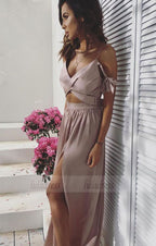 Two Piece Spaghetti Straps Floor-Length Blush Chiffon Prom Dress with Split