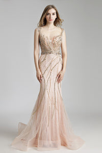 Blush Mermaid Formal Beaded Long Evening Prom Dress, LX428