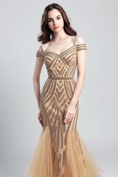 Formal Spaghetti Straps Mermaid Beaded Long Prom Dress, LX494