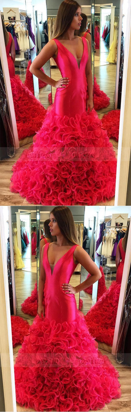 v neck evening dress,mermaid prom dresses,ruffles prom dress,mermaid evening gowns