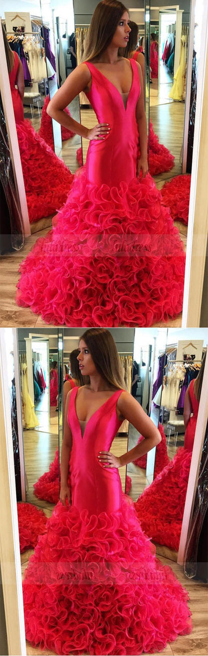 v neck evening dress,mermaid prom dresses,ruffles prom dress,mermaid evening gowns