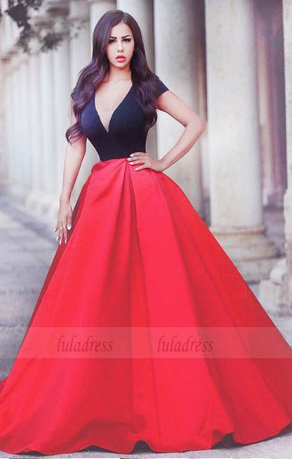 Red V-neck Short Sleeves Sweep Train Pleated A-line Prom Dress