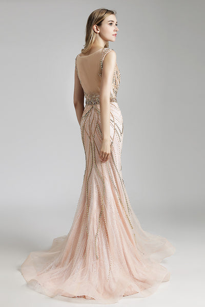 Blush Mermaid Formal Beaded Long Evening Prom Dress, LX428