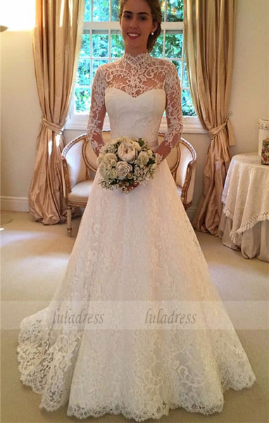 Long Sleeves Bridal Gowns, Sweep Train Bridal Dresses, Lace Wedding Dresses with Sash,BD99604