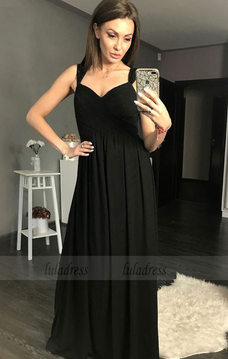 A-Line Straps Floor-Length Black Prom Dress with Beading Ruched,BD99624