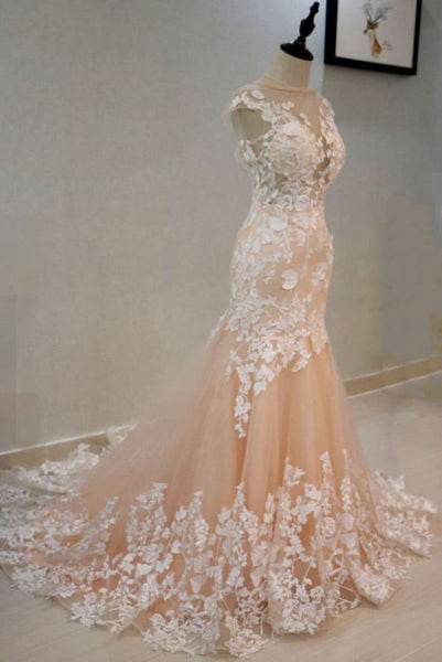 Luxury High Neck Rose Gold Prom Dresses With Lace Appliques,PD21014