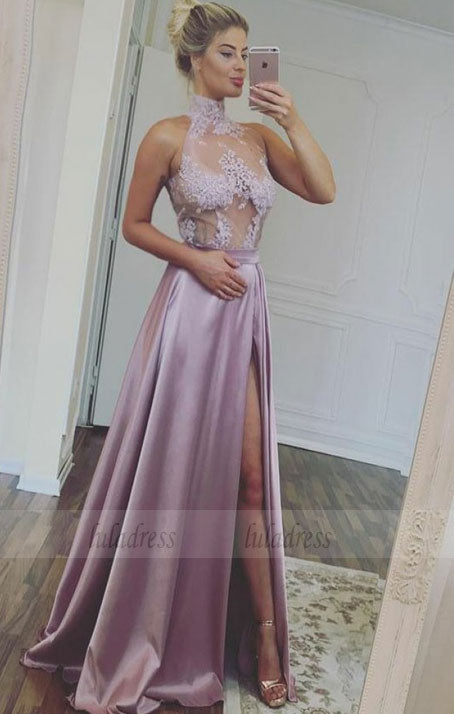 Charming Prom Dress,satin Prom Dress, Appliques Prom Dress,High-Neck Evening Dress