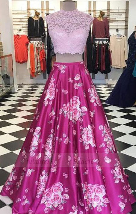 Modern Two Piece A-Line Prom Dress - Round Neck Sleeveless Floor-Length Lace Flora,BD98576