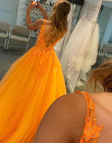 A-Line Deep V-neck Tulle Orange Prom Dresses