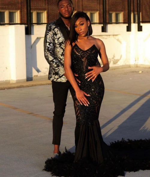 Chic Long Black Mermaid Prom Dresses|Sleeveless Fur Evening Gowns – luladress