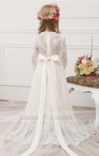 Lace Flower Girl Dresses Sheer Jewel Long Sleeves Cute Floor Length Girls First Communion Dresses