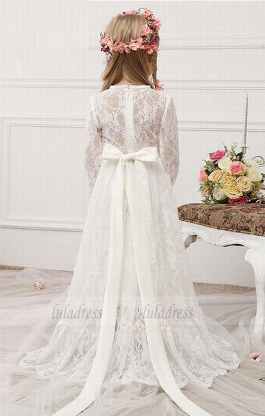 Lace Flower Girl Dresses Sheer Jewel Long Sleeves Cute Floor Length Girls First Communion Dresses,BD99592