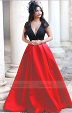 Red V-neck Short Sleeves Sweep Train Pleated A-line Prom Dress