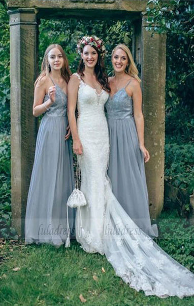 A-Line Spaghetti Straps Grey Bridesmaid Dress with Beading Lace,BD99643
