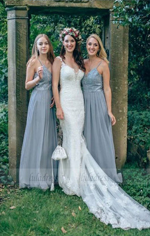 A-Line Spaghetti Straps Grey Bridesmaid Dress with Beading Lace
