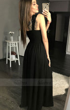 A-Line Straps Floor-Length Black Prom Dress with Beading Ruched
