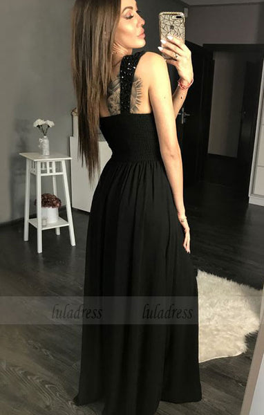 A-Line Straps Floor-Length Black Prom Dress with Beading Ruched,BD99624
