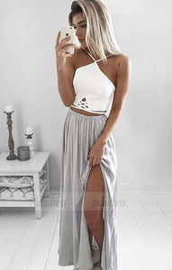 A-Line Spaghetti Straps Backless Long  Prom Dress with Split, simple beach party dresses with slit,BD98672