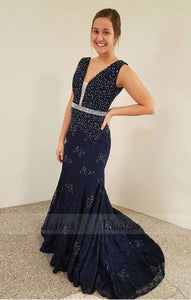 Mermaid V-Neck Sweep Train Lace Prom Dress with Beading,BD98478