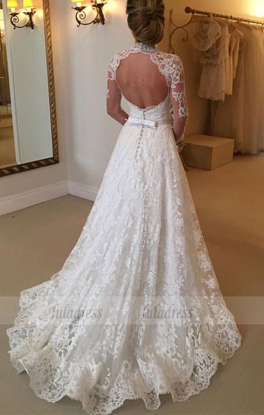 Long Sleeves Bridal Gowns, Sweep Train Bridal Dresses, Lace Wedding Dresses with Sash,BD99604