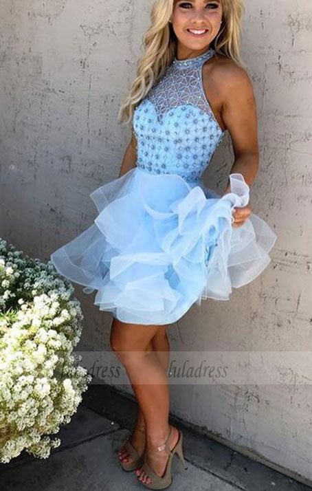 beading homecoming dress, short high neck prom dresses